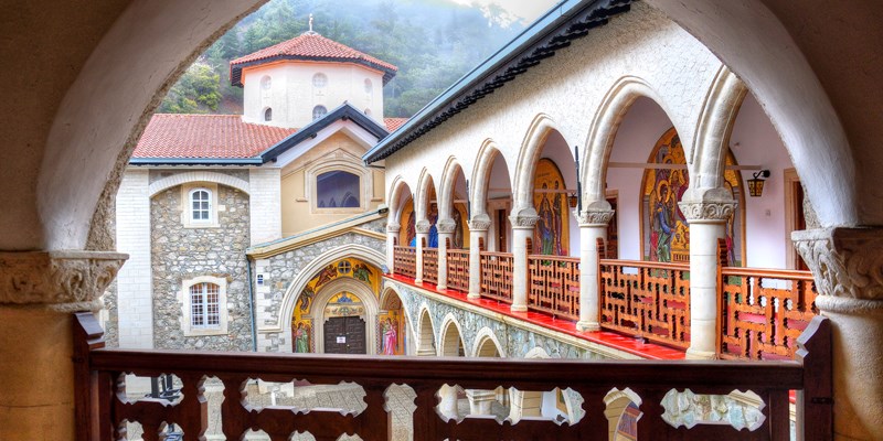 A view of part of Kykkos Monastery, located high in the Troodos mountains, Cyprus.