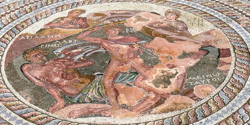 Paphos Archaeological Park. House of Theseus: Mosaic of Theseus killing the minotaur.